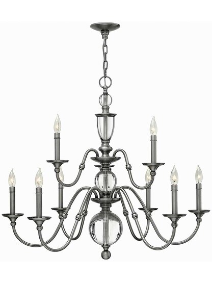 Eleanor Two Tier 9-Light Chandelier in Polished Antique Nickel.